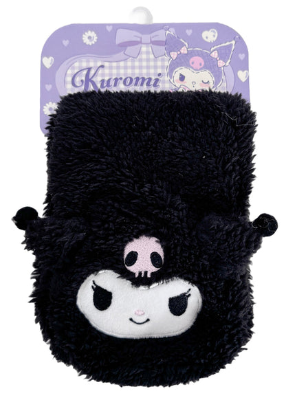 Sanrio Kuromi Plush Muffler Scarf in black with Kuromi plush face on knit muffler rave winter accessory — worn detail view