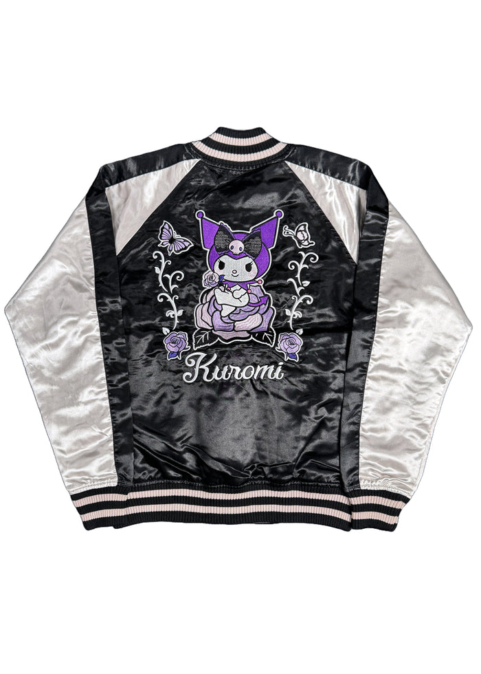 Sanrio Kuromi Rose Tattoo Bomber Jacket in black silver with Kuromi embroidery and rose tattoo design on satin festival jacket — front view