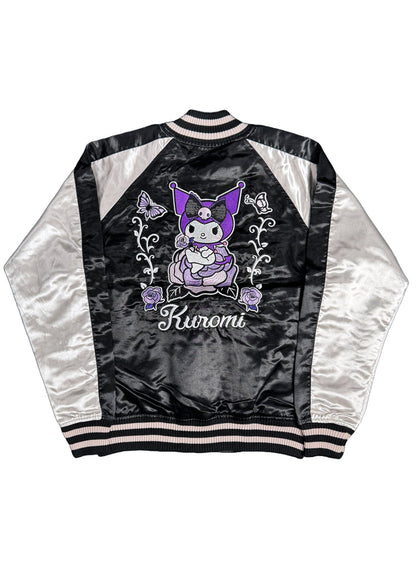 Sanrio Kuromi Rose Tattoo Bomber Jacket in black silver with Kuromi embroidery and rose tattoo design on satin festival jacket — front view