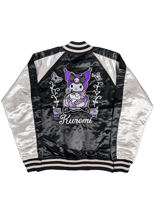 Sanrio Kuromi Rose Tattoo Bomber Jacket in black silver with Kuromi embroidery and rose tattoo design on satin festival jacket — front view