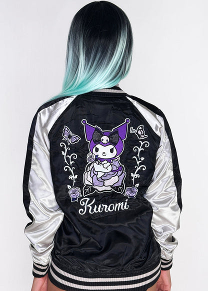 Sanrio Kuromi Rose Tattoo Bomber Jacket in black silver with Kuromi embroidery and rose tattoo design on satin festival jacket — model back view