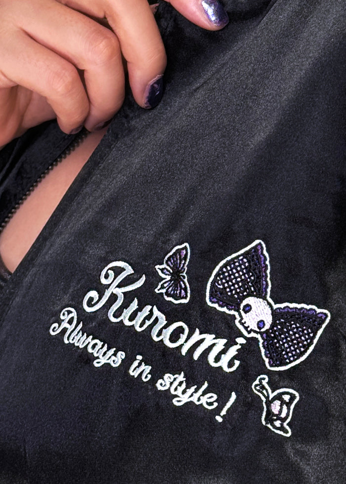 Sanrio Kuromi Rose Tattoo Bomber Jacket in black silver with Kuromi embroidery and rose tattoo design on satin festival jacket — embroidery detail view