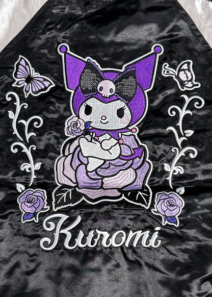 Sanrio Kuromi Rose Tattoo Bomber Jacket in black silver with Kuromi embroidery and rose tattoo design on satin festival jacket — back detail view