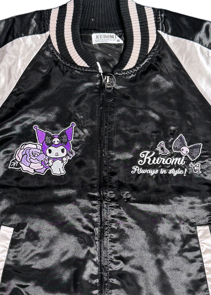 Sanrio Kuromi Rose Tattoo Bomber Jacket in black silver with Kuromi embroidery and rose tattoo design on satin festival jacket — lining detail view