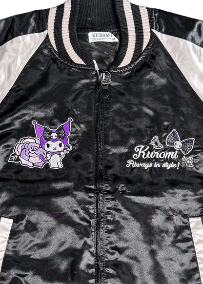Sanrio Kuromi Rose Tattoo Bomber Jacket in black silver with Kuromi embroidery and rose tattoo design on satin festival jacket — lining detail view