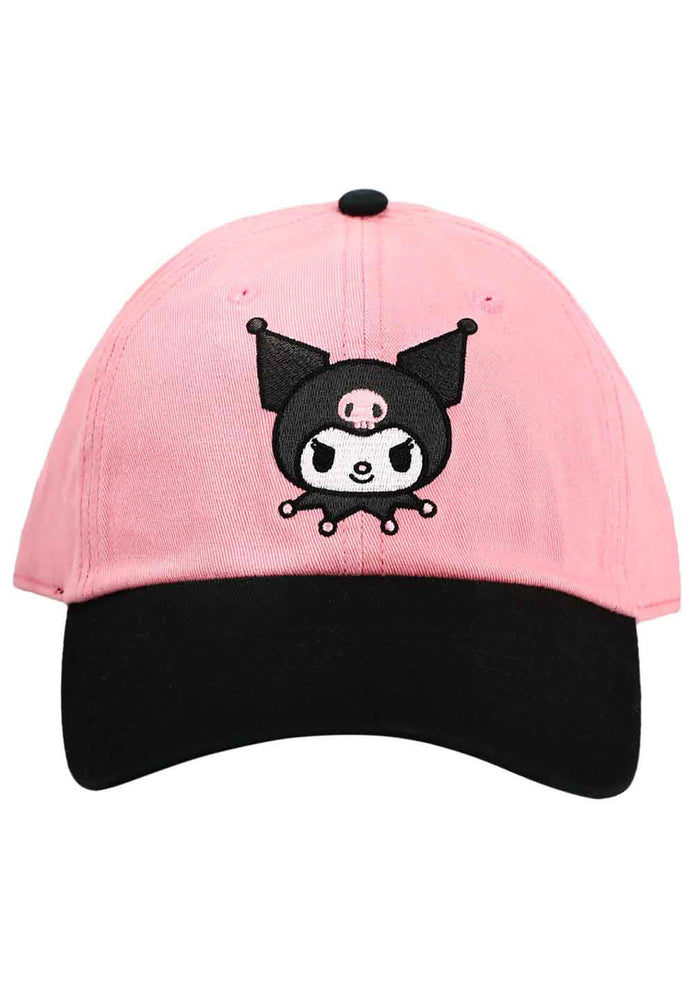 Bioworld Sanrio Kuromi Two Tone Raglan Hat in pink black with embroidered Kuromi crown detail on kawaii fandom rave festival hat — front view