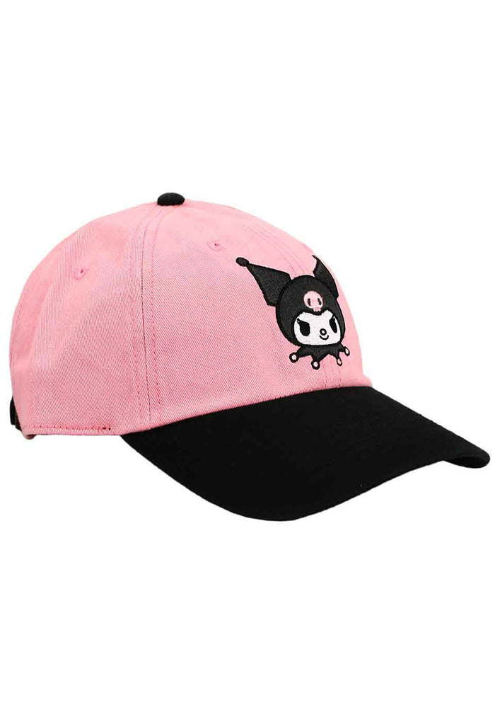 Bioworld Sanrio Kuromi Two Tone Raglan Hat in pink black with embroidered Kuromi crown detail on kawaii fandom rave festival hat — side view