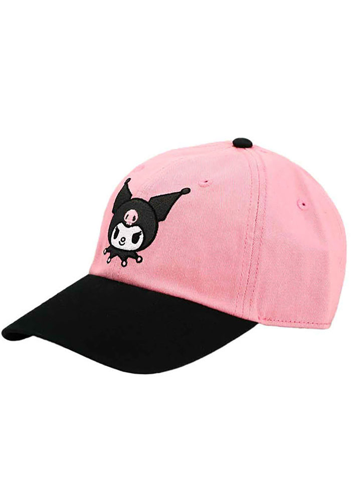 Bioworld Sanrio Kuromi Two Tone Raglan Hat in pink black with embroidered Kuromi crown detail on kawaii fandom rave festival hat — side view 2