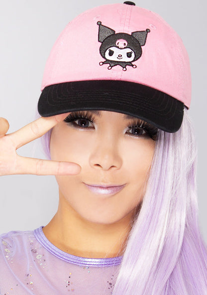 Bioworld Sanrio Kuromi Two Tone Raglan Hat in pink black — model side view 2