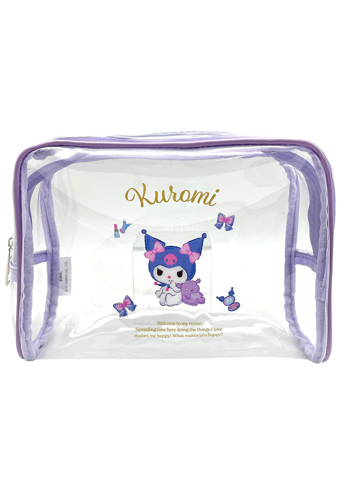 Sanrio Kuromi Vinyl Cosmetic Bag in clear with Kuromi print detail on transparent vinyl and zipper closure — front view