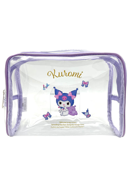 Sanrio Kuromi Vinyl Cosmetic Bag in clear with Kuromi print detail on transparent vinyl and zipper closure — front view
