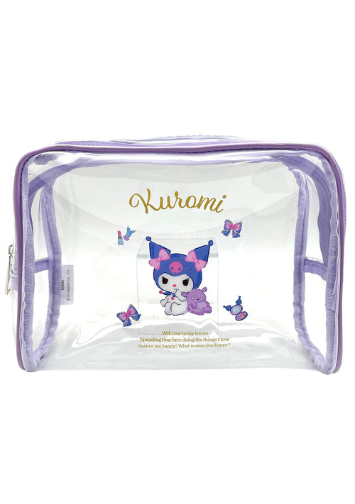 Sanrio Kuromi Vinyl Cosmetic Bag in clear with Kuromi print detail on transparent vinyl and zipper closure — front view