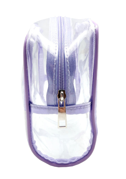 Sanrio Kuromi Vinyl Cosmetic Bag in clear with Kuromi print detail on transparent vinyl and zipper closure — side view