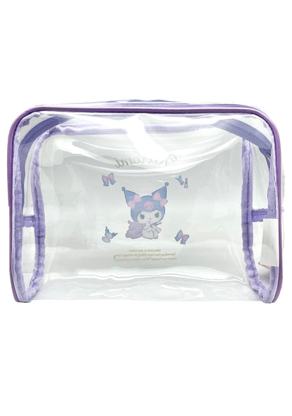 Sanrio Kuromi Vinyl Cosmetic Bag in clear with Kuromi print detail on transparent vinyl and zipper closure — back view