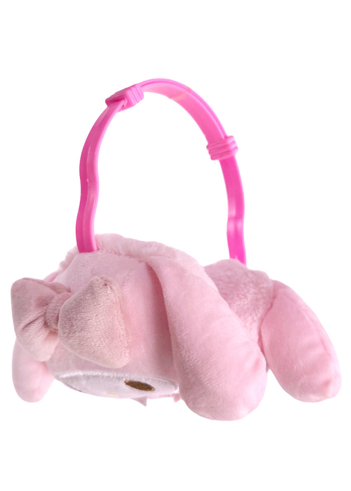 Sanrio My Melody 3D Plush Earmuff in pink with 3D My Melody plush ear cups on rave festival earmuff accessory — front view