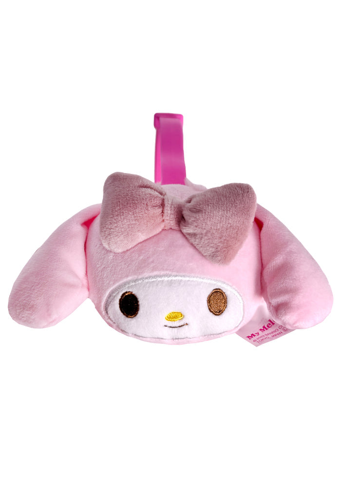 Sanrio My Melody 3D Plush Earmuff in pink with 3D My Melody plush ear cups on rave festival earmuff accessory — plush detail view