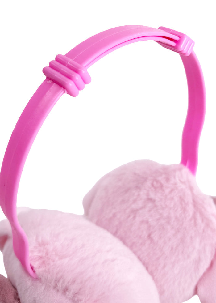 Sanrio My Melody 3D Plush Earmuff in pink with 3D My Melody plush ear cups on rave festival earmuff accessory — side detail view