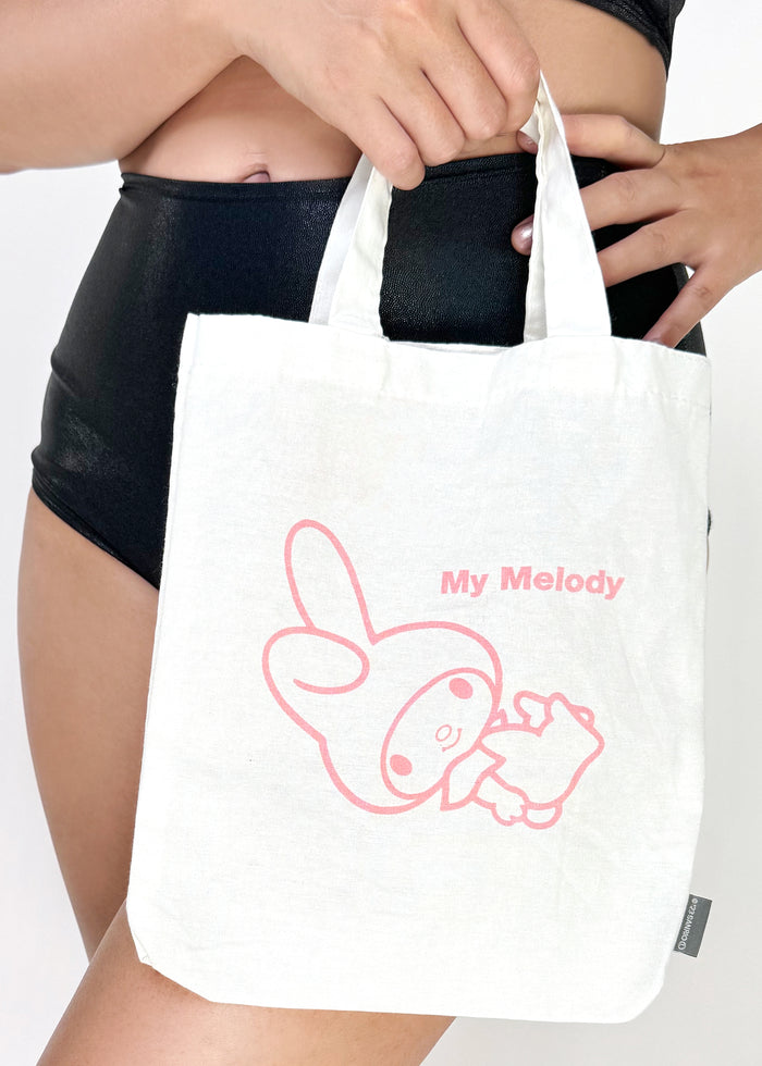 Sanrio My Melody Classic Canvas Tote in multicolor with My Melody graphic print on lightweight canvas — detail view