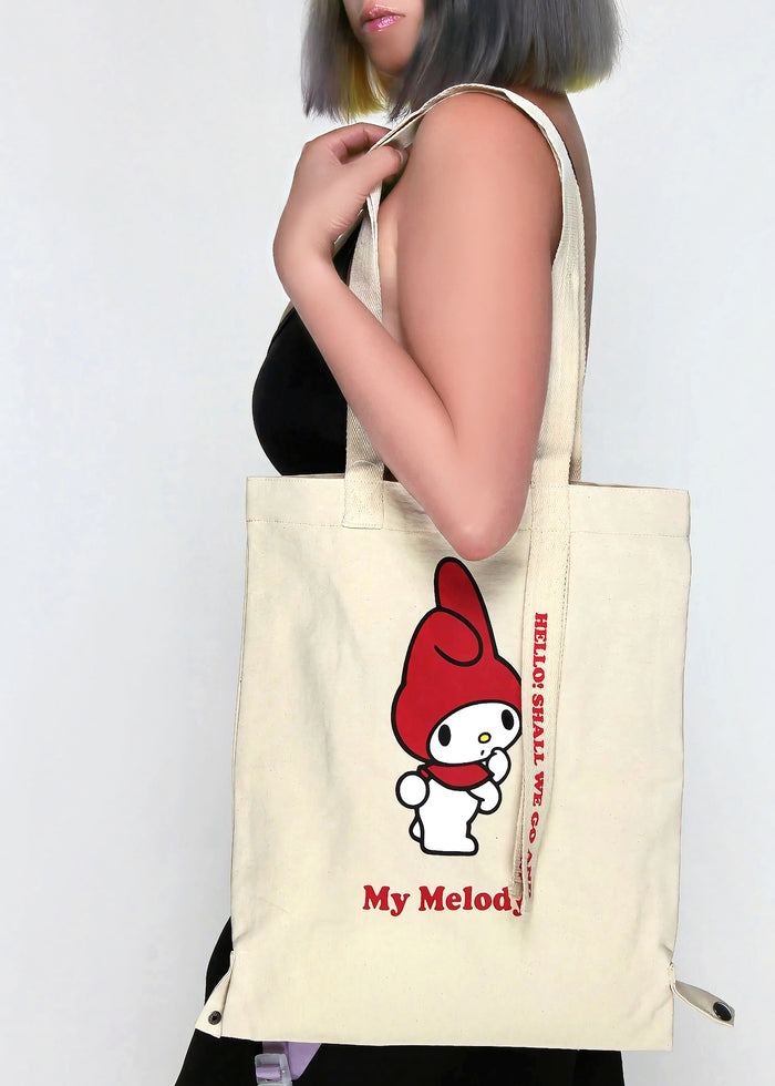 Sanrio My Melody Convertible Canvas Tote in multicolor with My Melody character print and convertible tote design — detail view