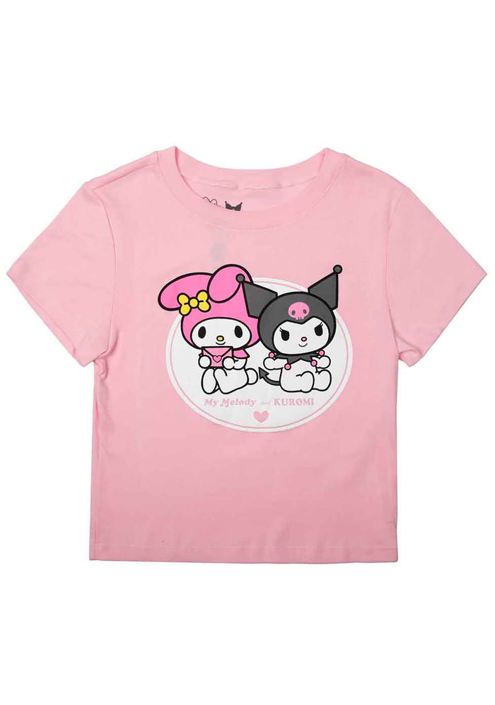 Bioworld Sanrio My Melody and Kuromi BFF Tee in pink with My Melody and Kuromi front graphic on kawaii fandom rave festival top — front view