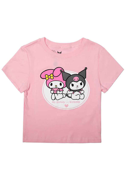 Bioworld Sanrio My Melody and Kuromi BFF Tee in pink with My Melody and Kuromi front graphic on kawaii fandom rave festival top — front view