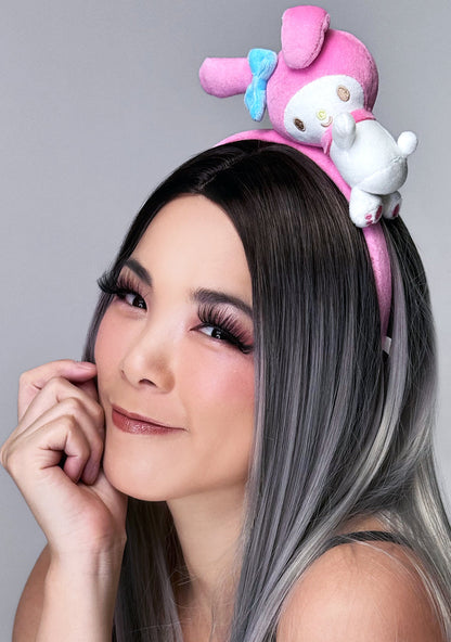 Bioworld Sanrio My Melody Plush Cosplay Headband in pink with 3D plush My Melody face detail on kawaii rave hair accessory — model view