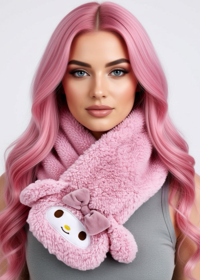 Sanrio My Melody Plush Muffler Scarf in pink with My Melody plush face on knit muffler rave winter accessory — model view