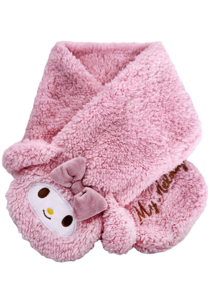 Sanrio My Melody Plush Muffler Scarf in pink with My Melody plush face on knit muffler rave winter accessory — front view