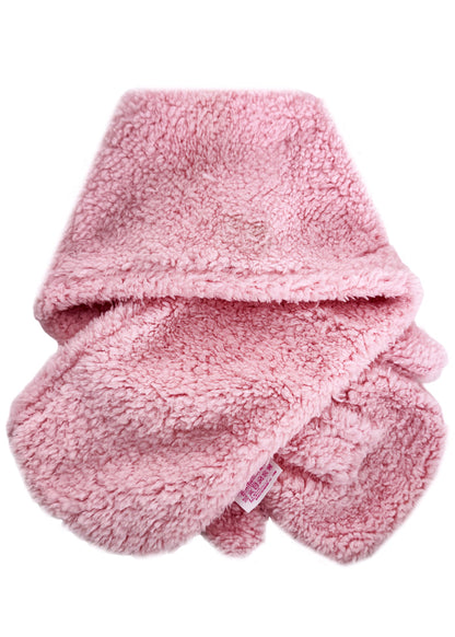 Sanrio My Melody Plush Muffler Scarf in pink with My Melody plush face on knit muffler rave winter accessory — back view