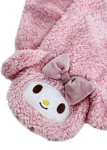 Sanrio My Melody Plush Muffler Scarf in pink with My Melody plush face on knit muffler rave winter accessory — plush detail view