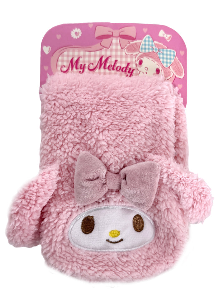 Sanrio My Melody Plush Muffler Scarf in pink with My Melody plush face on knit muffler rave winter accessory — worn detail view