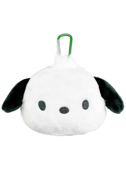 Sanrio Pochacco Big Face Plush Mascot Carabiner in white with soft Pochacco face plush and functional carabiner clip — front view