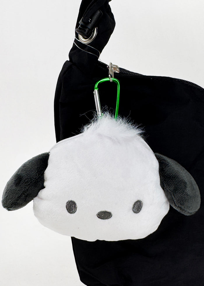 Sanrio Pochacco Big Face Plush Mascot Carabiner in white with soft Pochacco face plush and functional carabiner clip — detail view