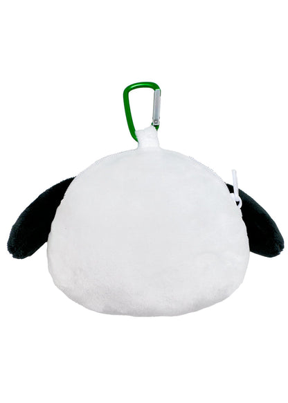 Sanrio Pochacco Big Face Plush Mascot Carabiner in white with soft Pochacco face plush and functional carabiner clip — side view