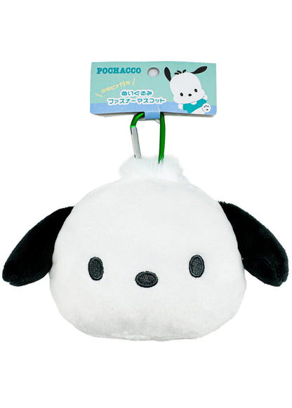 Sanrio Pochacco Big Face Plush Mascot Carabiner in white with soft Pochacco face plush and functional carabiner clip — back view