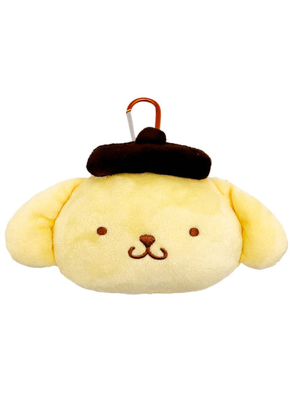 Sanrio Pompompurin Big Face Plush Mascot Carabiner in yellow with soft Pompompurin face plush and functional carabiner clip — front view