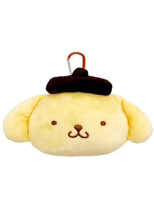 Sanrio Pompompurin Big Face Plush Mascot Carabiner in yellow with soft Pompompurin face plush and functional carabiner clip — front view
