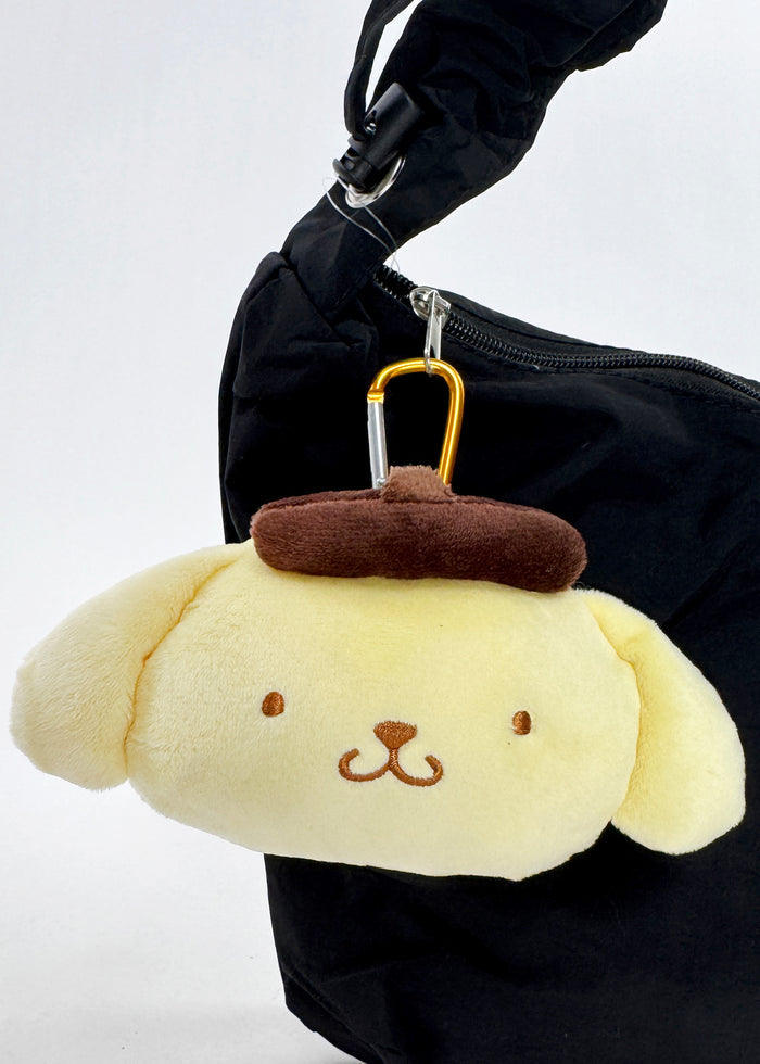 Sanrio Pompompurin Big Face Plush Mascot Carabiner in yellow with soft Pompompurin face plush and functional carabiner clip — detail view