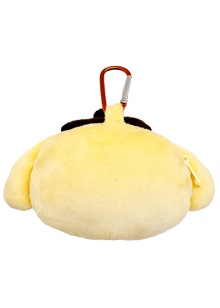 Sanrio Pompompurin Big Face Plush Mascot Carabiner in yellow with soft Pompompurin face plush and functional carabiner clip — side view