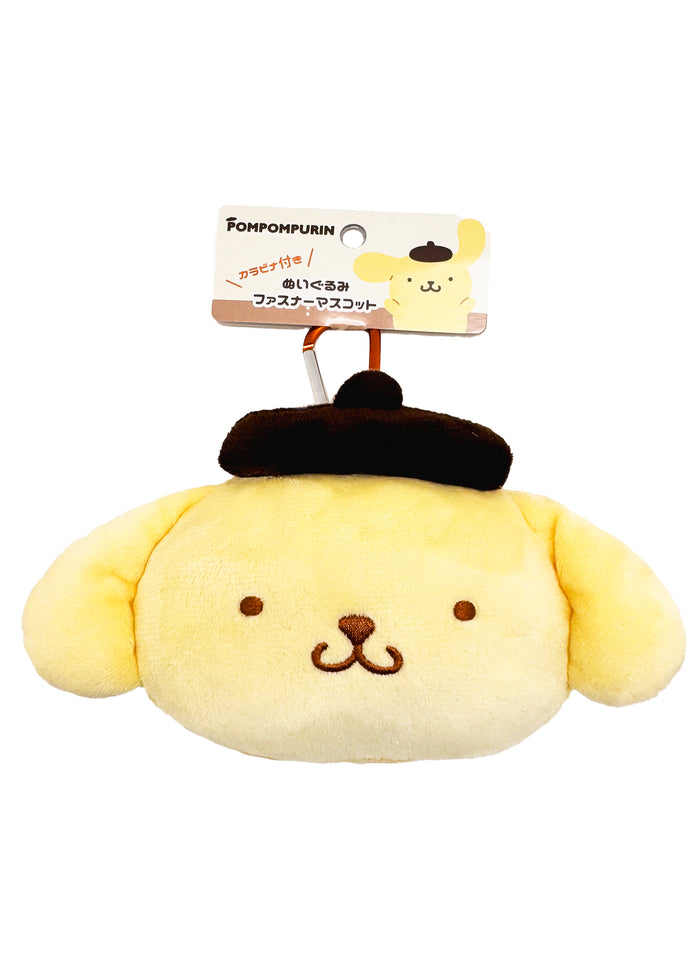 Sanrio Pompompurin Big Face Plush Mascot Carabiner in yellow with soft Pompompurin face plush and functional carabiner clip — back view
