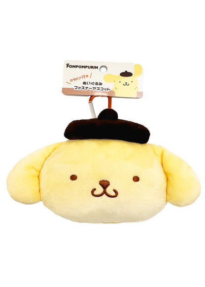 Sanrio Pompompurin Big Face Plush Mascot Carabiner in yellow with soft Pompompurin face plush and functional carabiner clip — back view