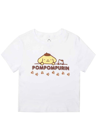 Bioworld Sanrio Pompompurin and Muffin Character Tee in white with Pompompurin and Muffin front graphic on kawaii fandom rave festival top — front view