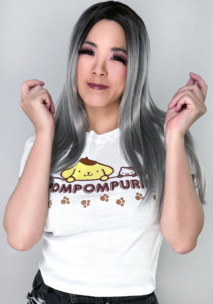 Bioworld Sanrio Pompompurin and Muffin Character Tee in white with Pompompurin and Muffin front graphic on kawaii fandom rave festival top — model view