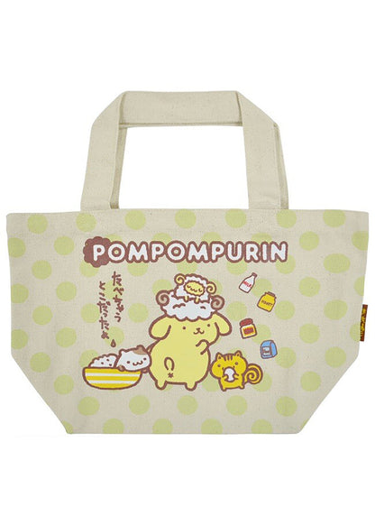 Sanrio Pompompurin Polka Dot Canvas Tote in green with Pompompurin and friends graphic print in polka dot design — front view