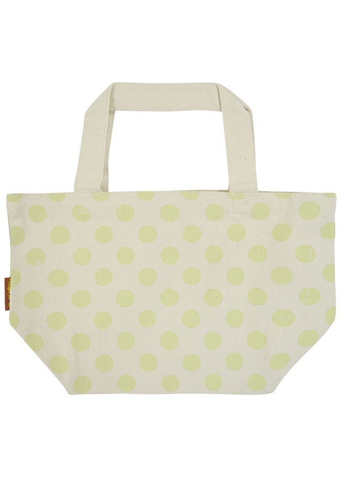 Sanrio Pompompurin Polka Dot Canvas Tote in green with Pompompurin and friends graphic print in polka dot design — back view