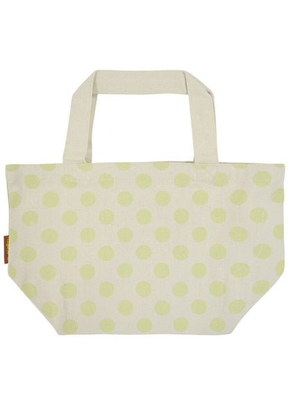 Sanrio Pompompurin Polka Dot Canvas Tote in green with Pompompurin and friends graphic print in polka dot design — back view