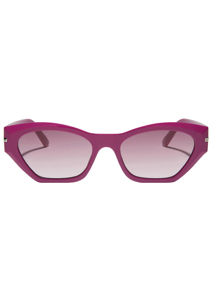 Dime Optics Sawtelle Polarized Sunglasses in glossy berry garnet gradient with cat-eye acetate frame on rave festival sunglasses — front view