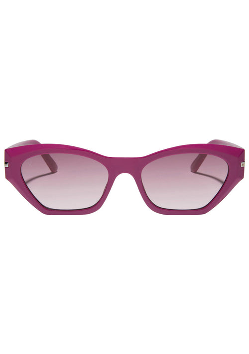 Dime Optics Sawtelle Polarized Sunglasses in glossy berry garnet gradient with cat-eye acetate frame on rave festival sunglasses — front view
