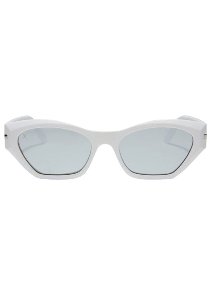 Dime Optics Sawtelle Polarized Sunglasses in glossy white silver mirror with cat-eye acetate frame on rave festival sunglasses — front view