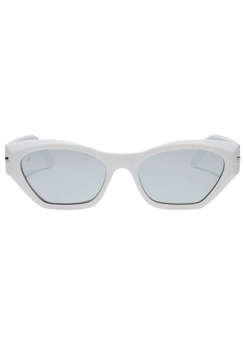 Dime Optics Sawtelle Polarized Sunglasses in glossy white silver mirror with cat-eye acetate frame on rave festival sunglasses — front view